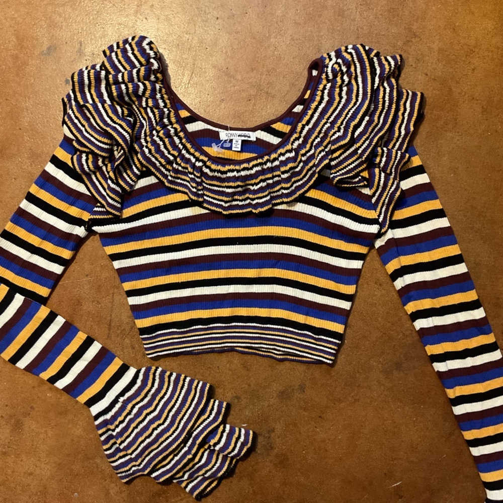 Ronny Kobo Mixed Striped Ribbed Ruffled Cropped Bell Sleeve Crop Top A33